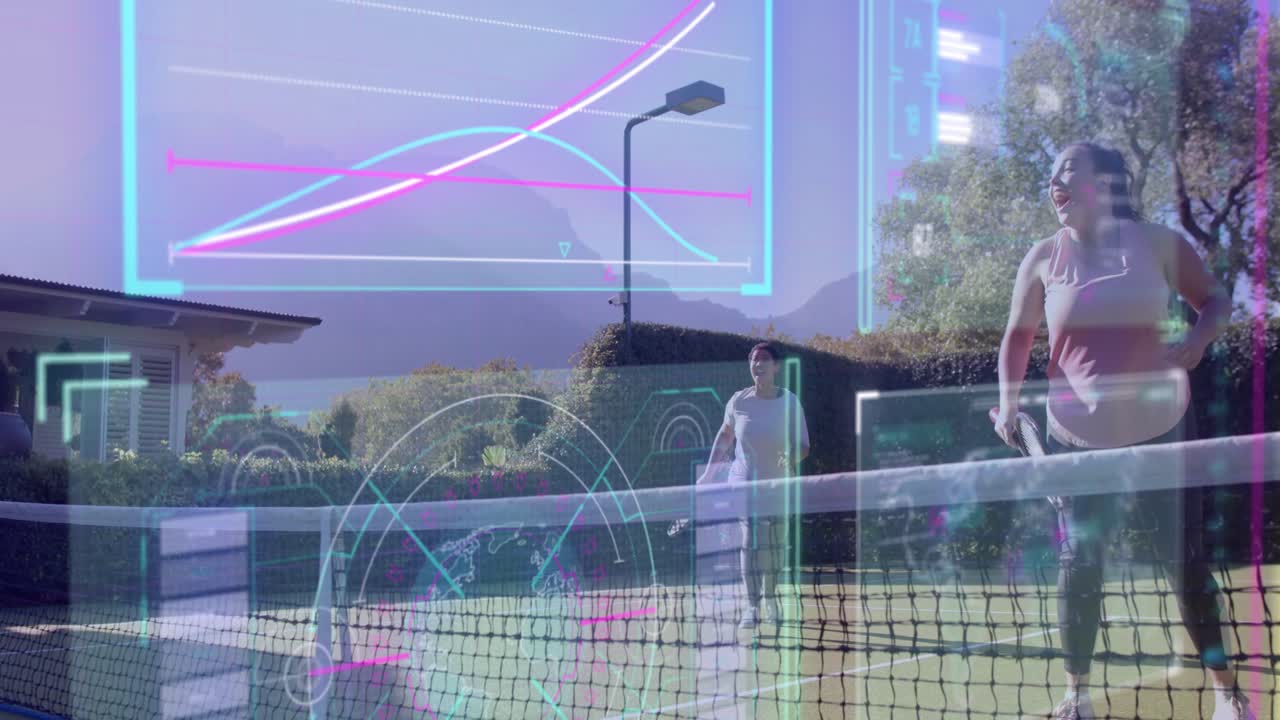 Hand entering left starting AR HUD, woman running forward and volleying, chart tracking training