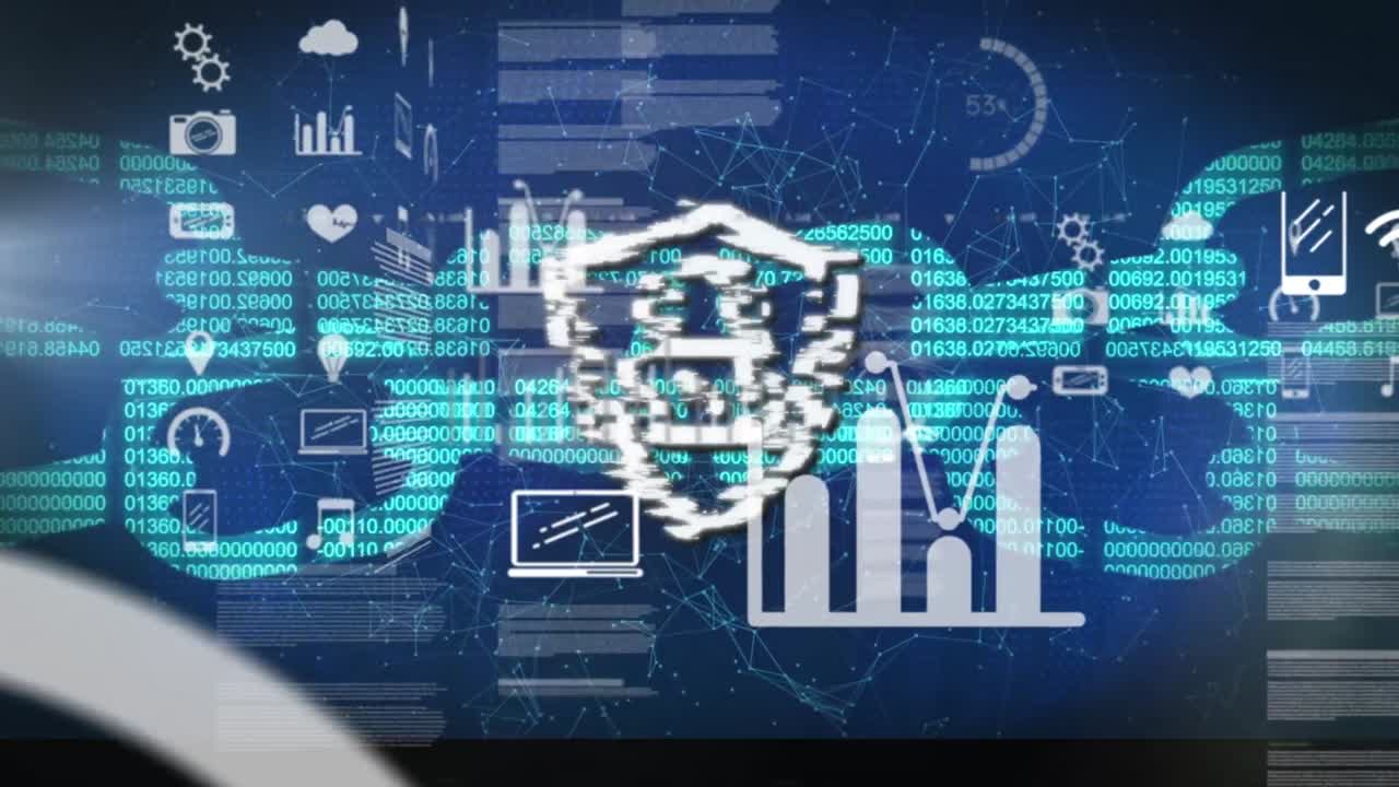 animación de la interfaz hud con blockchains, escudo y gráficos con puntos que interconectan líneas