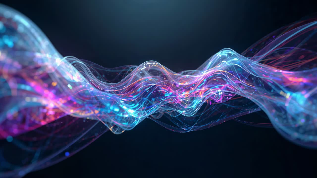 Pulsing glass ribbons sending waves from center pulse in studio showing neon strands, gold nodes