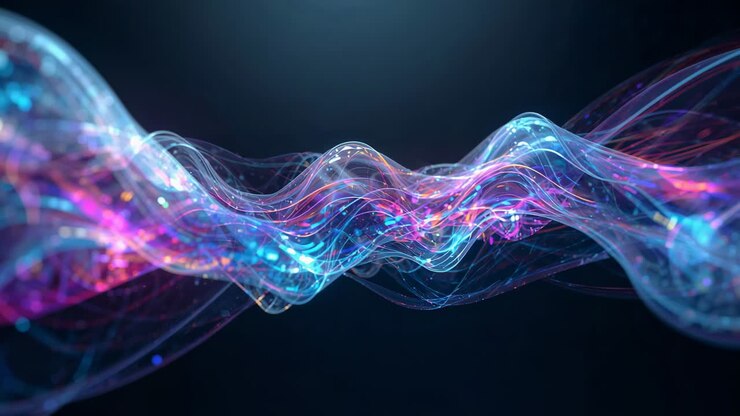Pulsing glass ribbons sending waves from center pulse in studio showing neon strands, gold nodes