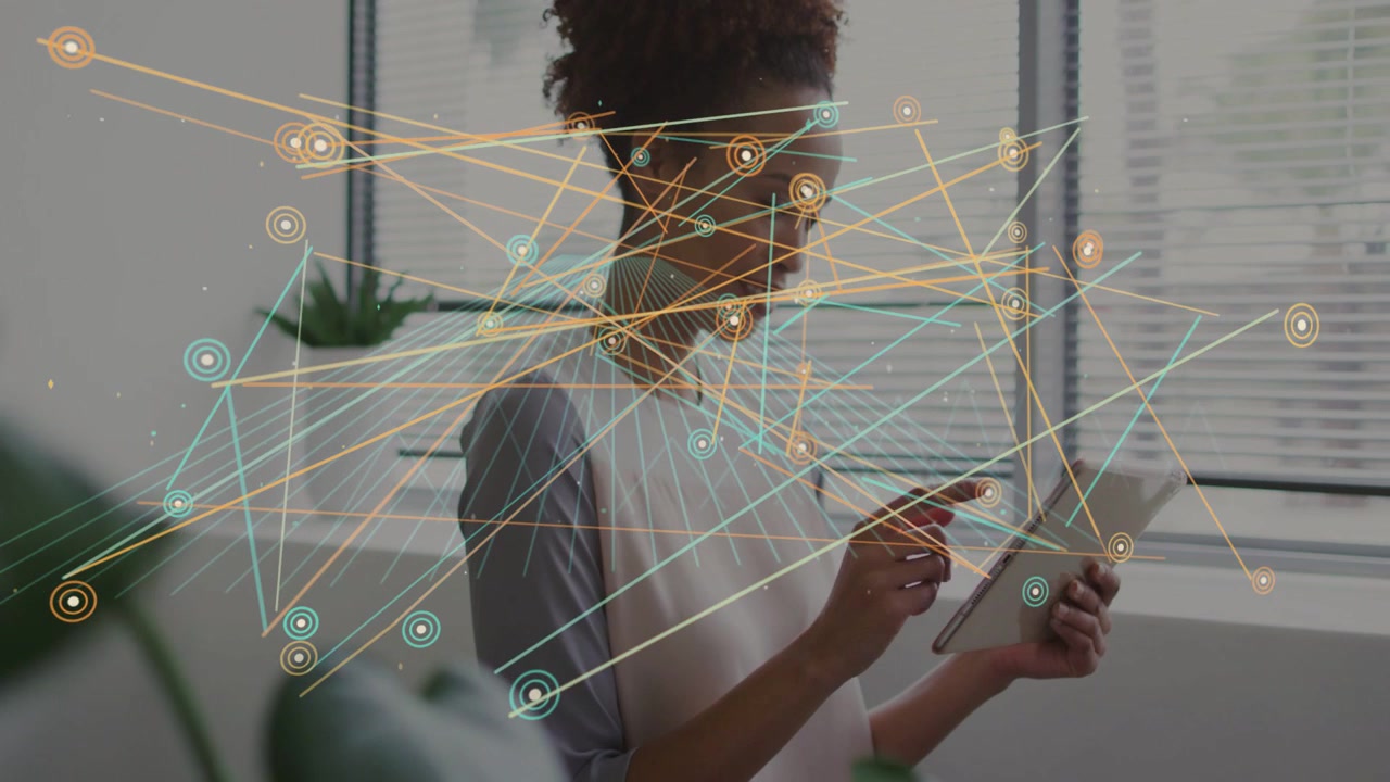 Mid-adult woman tapping tablet, causing animated network nodes visualizing data across torso