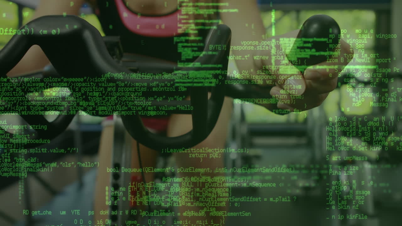 animación del procesamiento de datos sobre una mujer haciendo ejercicio en el gimnasio