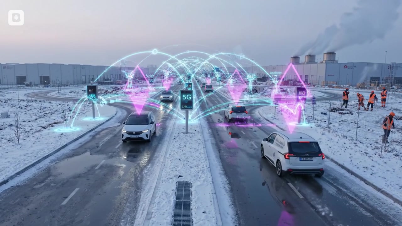 Infrastruttura di trasporto moderna: una scena stradale innevata che mostra l'integrazione di tecnologia intelligente con reti 5G e sistemi di gestione del traffico in un paesaggio invernale.