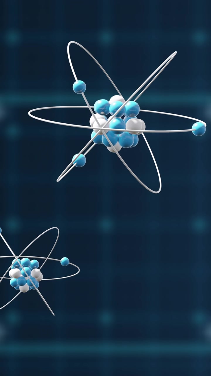 Animation of atom models spinning and data processing on black background