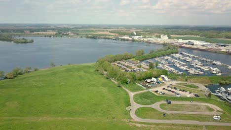 aerial drone view of the beautiful landscape of the netherlands and small harbor in the countryside