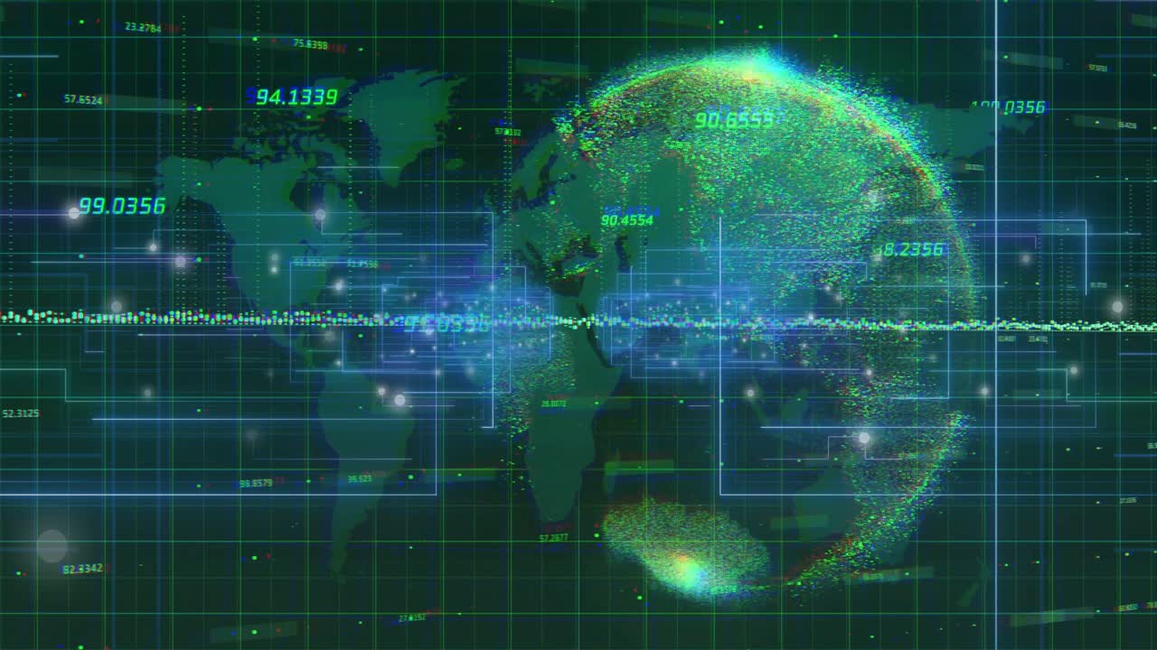 Grid animating map, data labels, data stream pulsing, globe emerging, rotating for visualizing data
