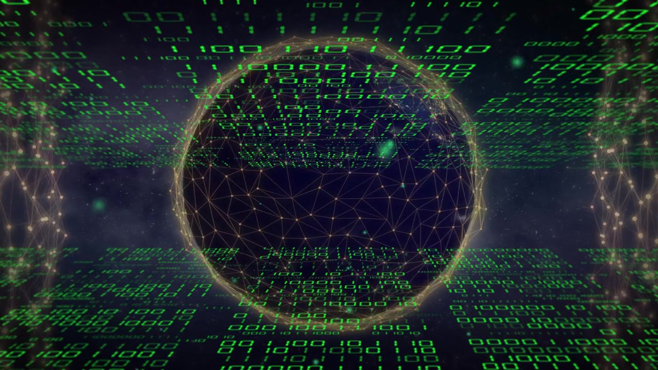 Central dark sphere responding to bright streak appearing, emitting golden lines visualizing data