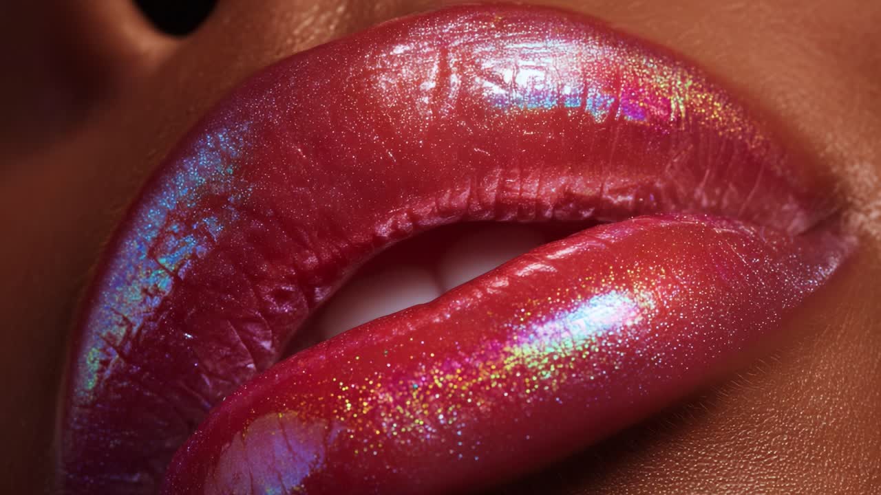 Close-up of Glossy Lips with Iridescent Shine Capturing Rich Shades and Sparkling Highlights, Showcasing a Stunning Lip Look That Transforms Appearance with Vibrant Color