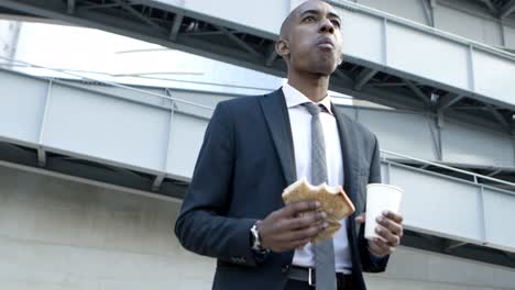 young businessman with sandwich and paper cup