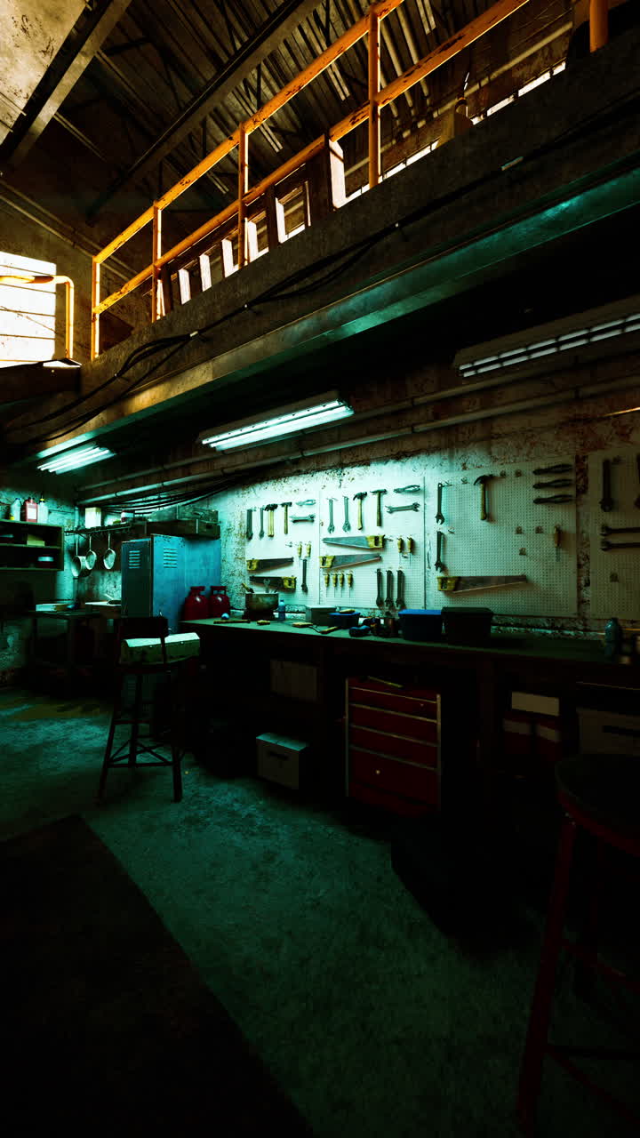 벽에 도구가 매달린 더러운, 버려진 작업실.