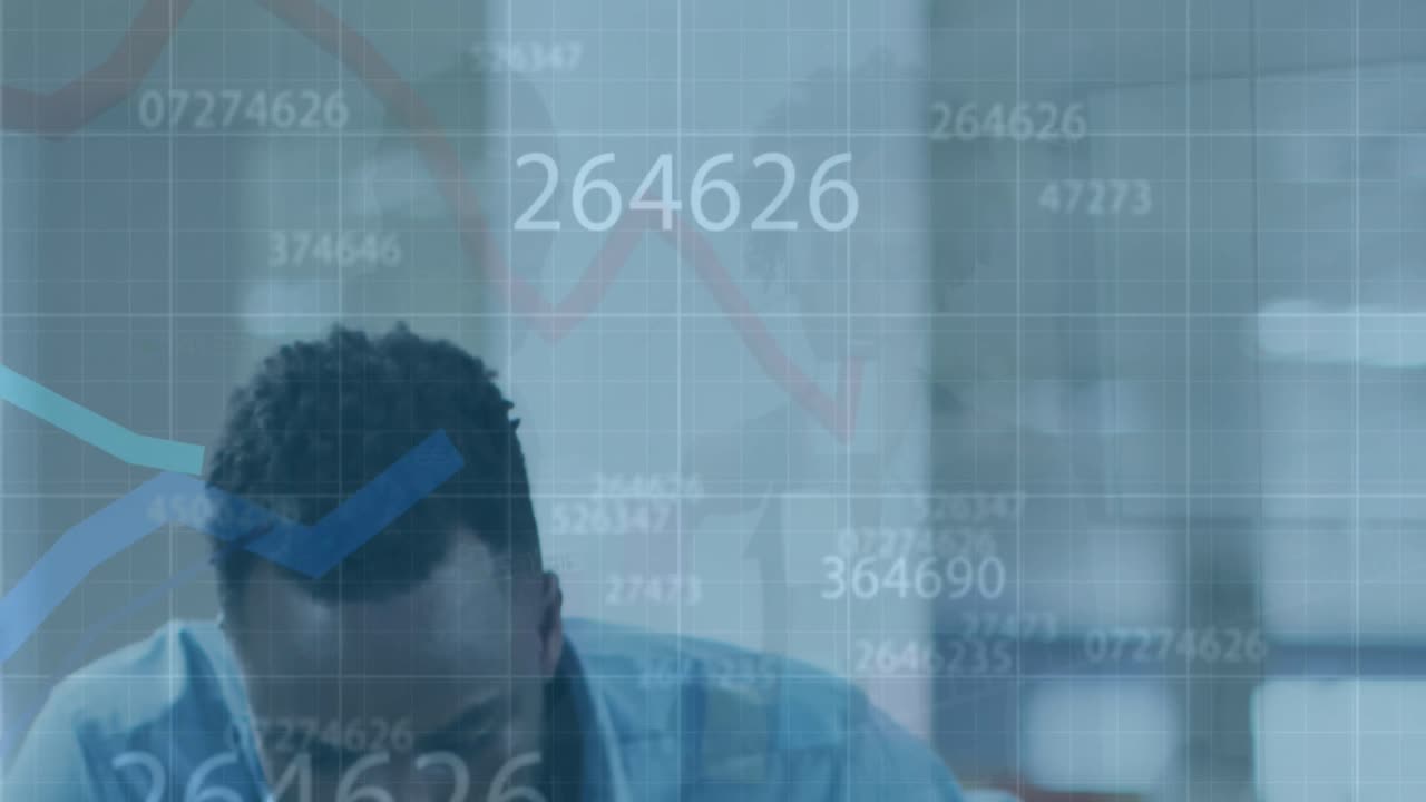 Animation of data processing over diverse business people working in office