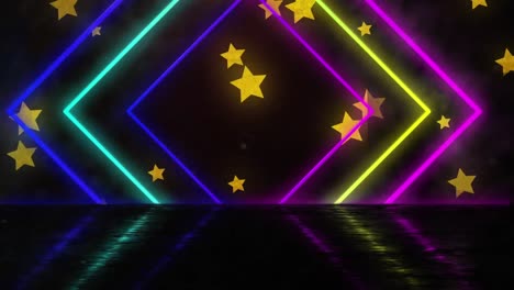 animation of moving colorful geometrical shapes over the waterline and stars in night sky