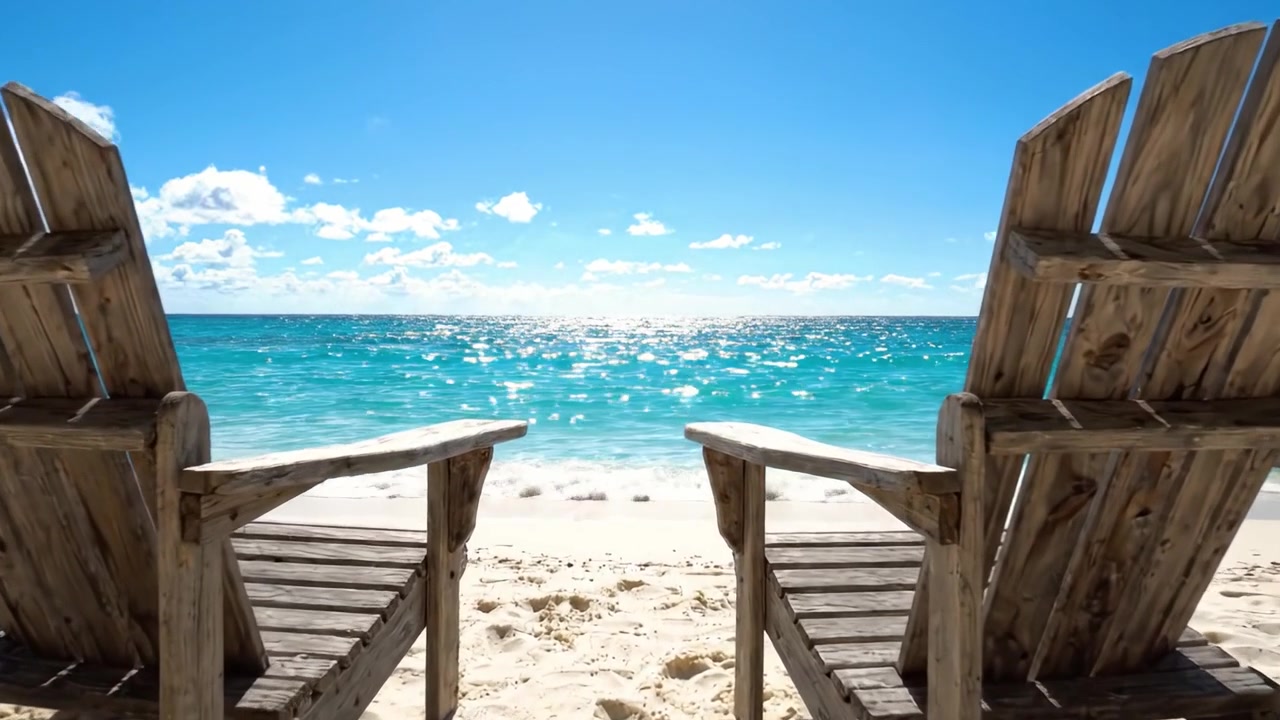 Zwei hölzerne Strandstühle mit Blick auf einen ruhigen Ozean unter strahlend blauem Himmel – eine Szene der Freizeit und Entspannung.