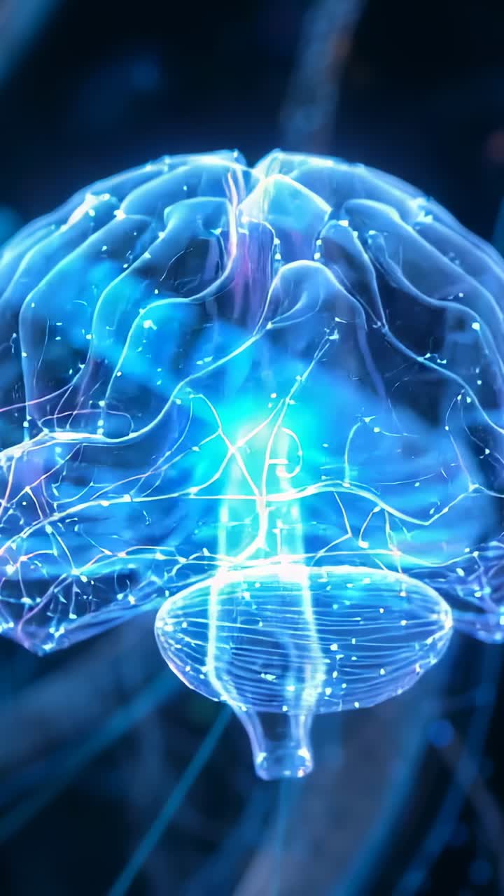 Vertical video: Holographic brain rotating and zooming in simulation, showing pulsing nodal points