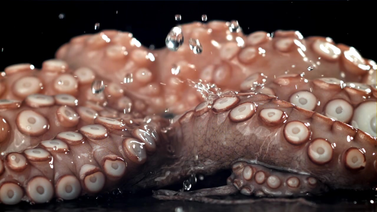 Primo piano di tentacoli di polpo fresco con schizzi d'acqua