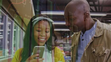 animation of statistical data processing over african american male and female colleagues smiling