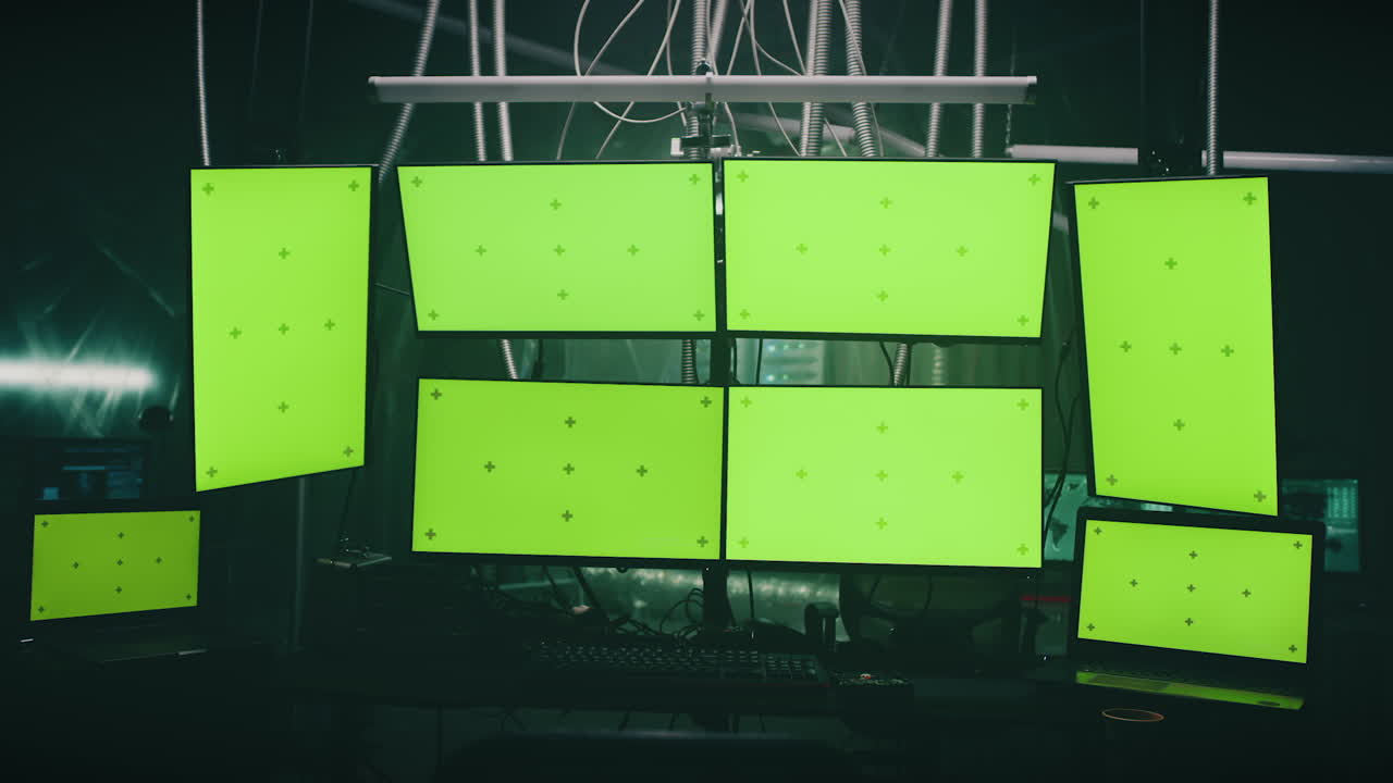 Multiple Green Screen Computer Monitors and Laptops in a Dark Control Room