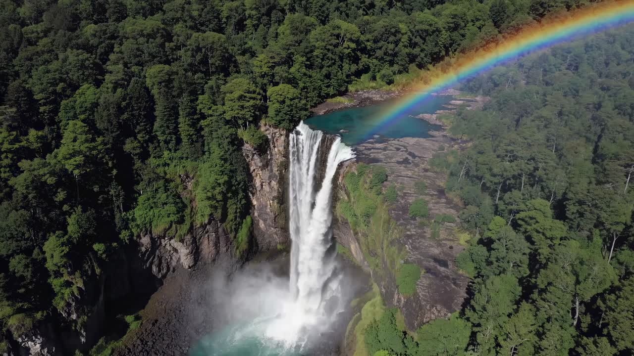 Aerial video captures a stunning waterfall cascading into a lush forest, with a vibrant rainbow