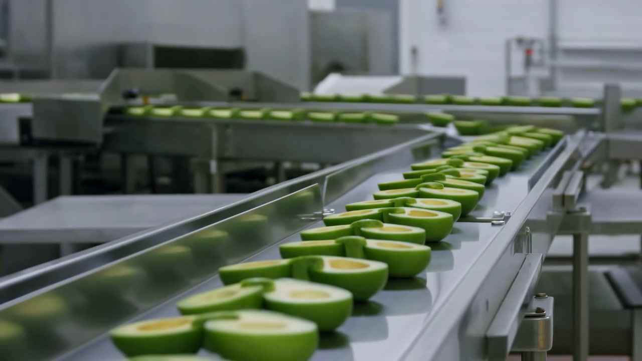 Rows of halved green fruit pieces sit cut-side-up on stainless steel conveyor inside temperature-controlled food processing facility, showing hygienic handling, repetition, and commercial sorting