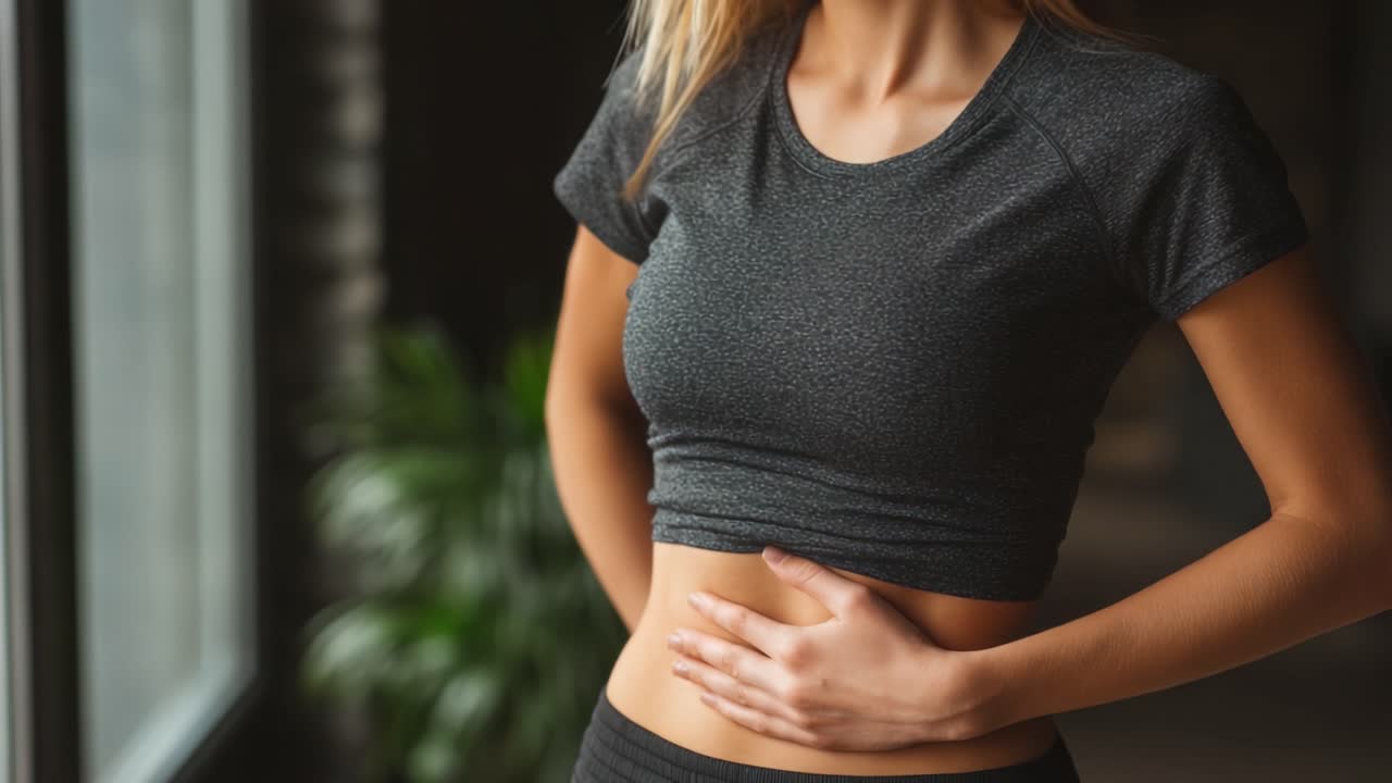 Una giovane donna in abbigliamento sportivo che prova disagio mentre è in piedi vicino a una finestra, evidenziando la sensibilità fisica e l'attenzione ai segnali del corpo