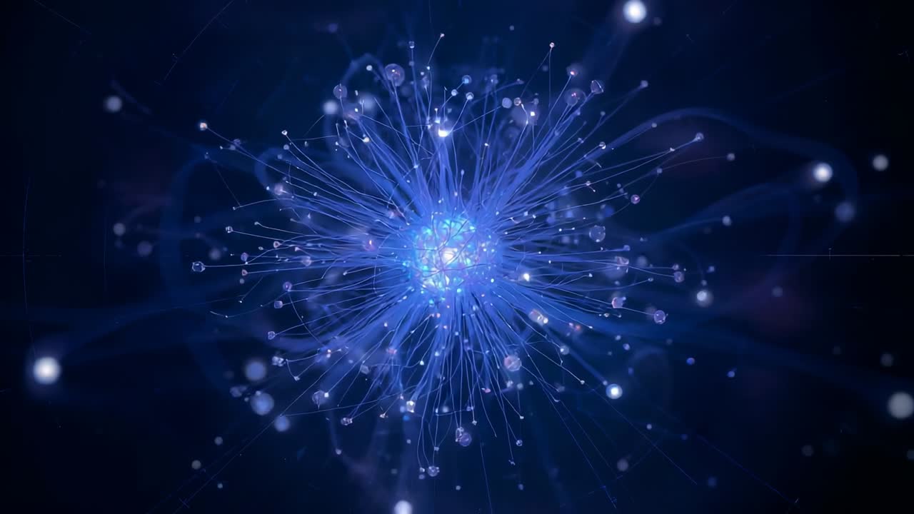 Materializing blue core radiating pulsing filaments in cosmic void, with drifting light particles
