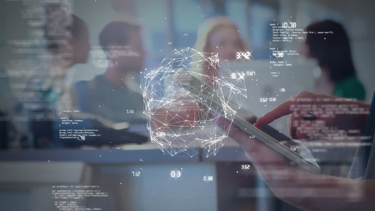 Animation of globe spinning data processing over person using tablet