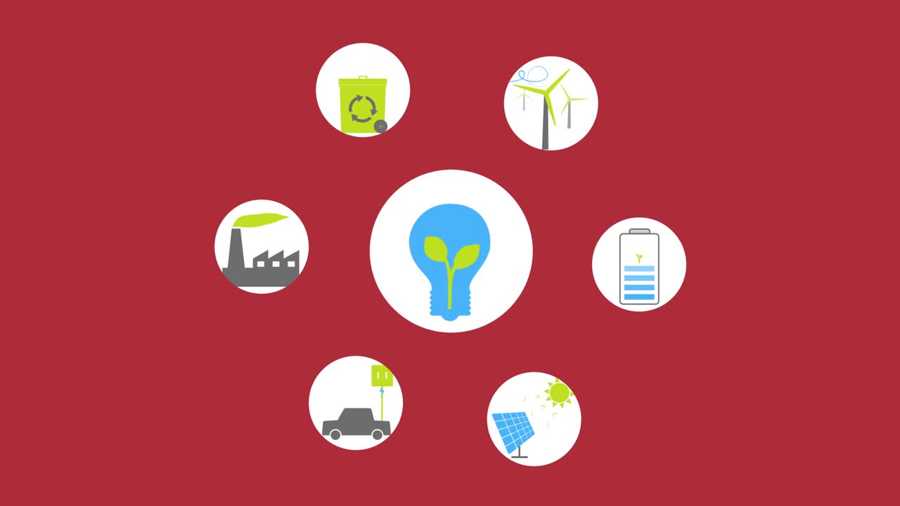 Green energy animated icons and background for your presentation or movie. Space for text on the right, Loop from 15 second.