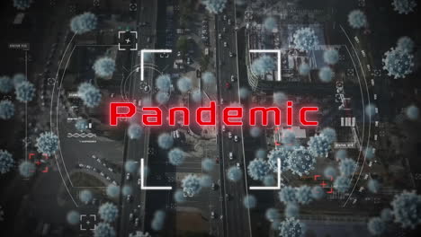 Pandemic text against cityscape