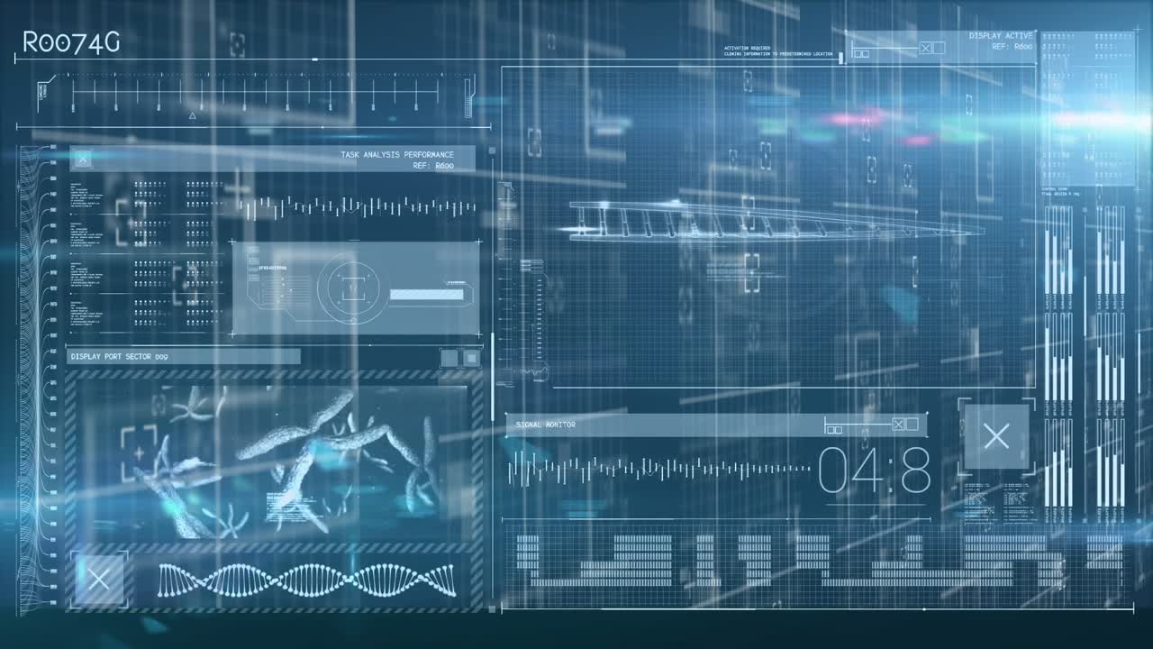 Animation of data processing and light trails over moving columns on black background