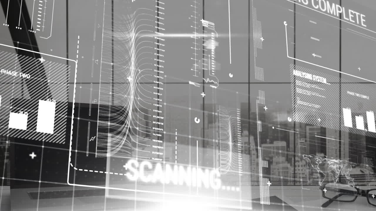 video compuesto digital de la interfaz digital con procesamiento de datos contra una oficina vacía