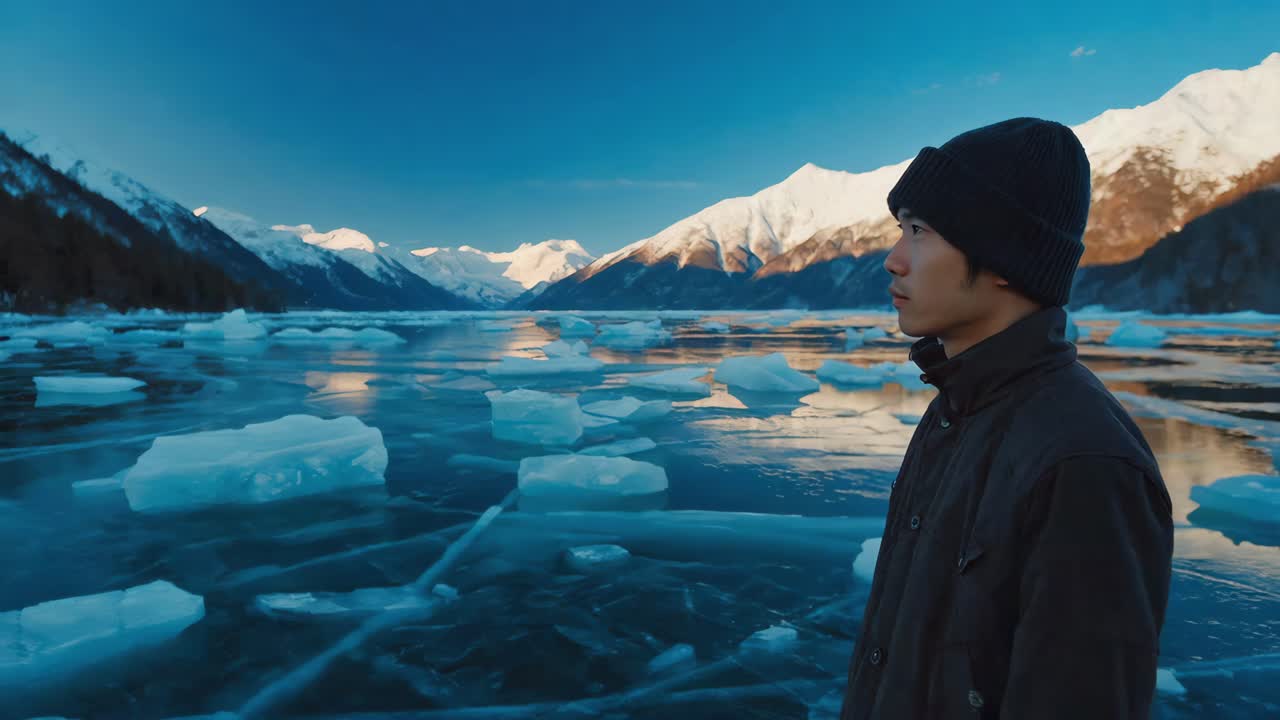 Man gazing at a frozen lake with mountains in winter