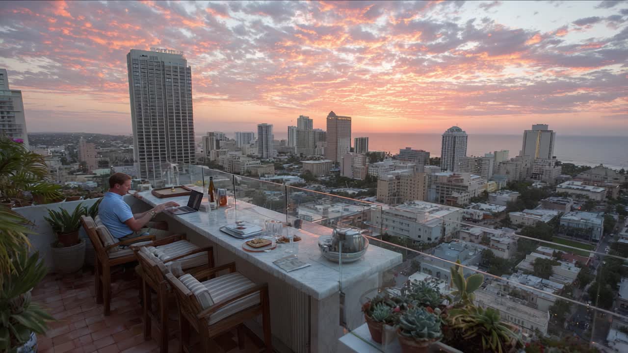 A Tranquil Evening Overlooking a City Skyline: Enjoying Dusk from a Rooftop Dining Experience with Stunning Sunset Views