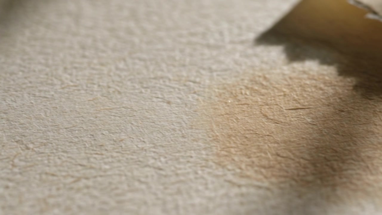 Un pezzo strappato che si stacca e striscia su un foglio beige sulla scrivania, dopo la comparsa di una macchia marrone, coprendo la macchia.