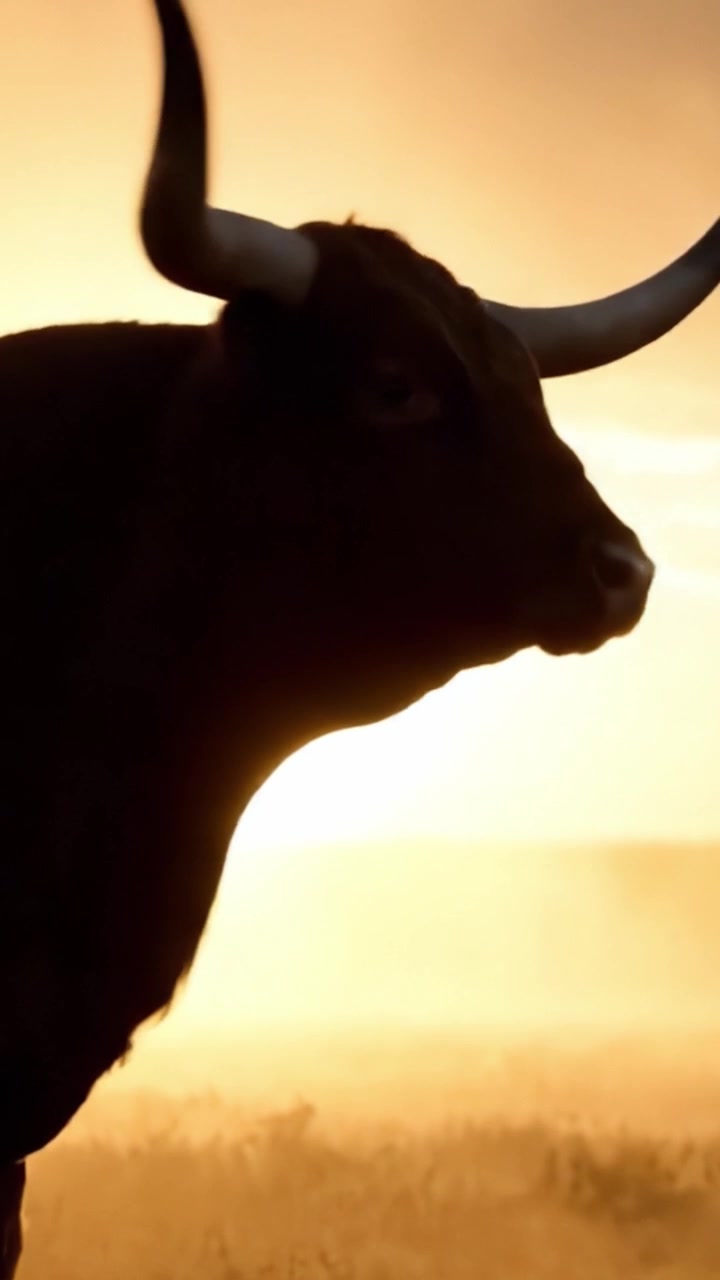 Una maestosa silhouette di un toro contro un tramonto dorato, che cattura l'essenza della bellezza della natura e lo spirito selvaggio in perfetta armonia.