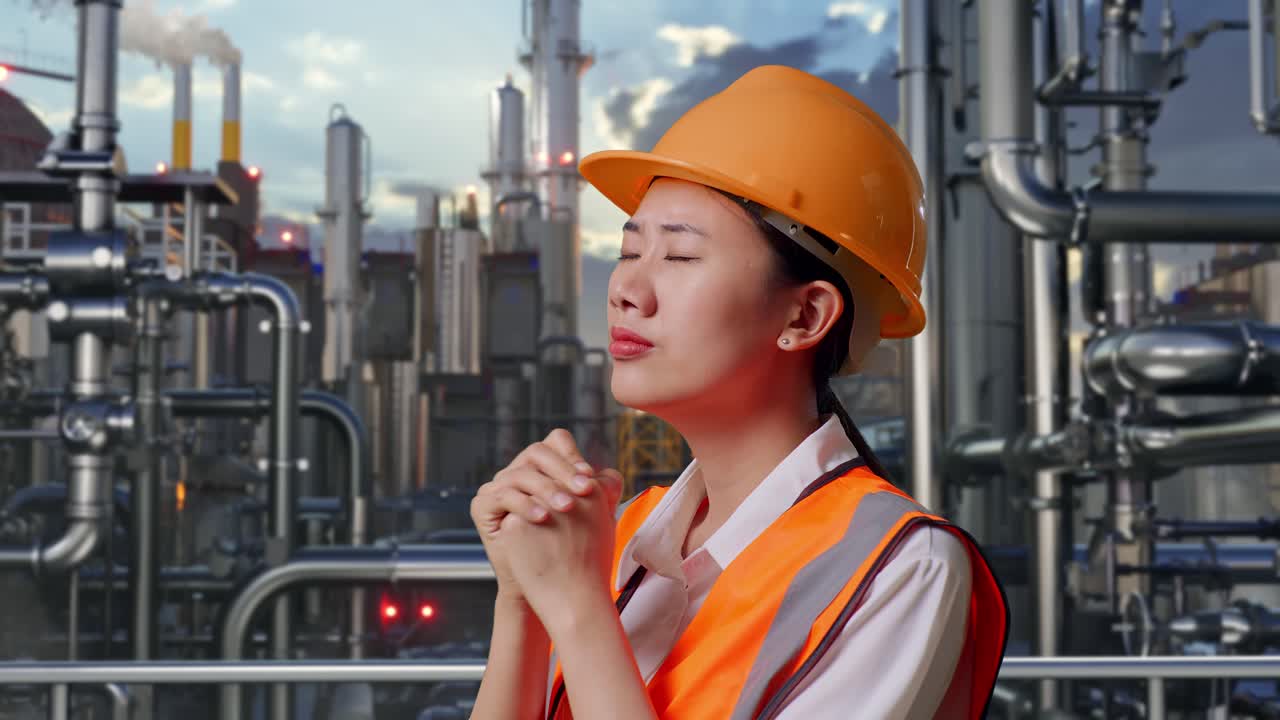 Concerned Engineer Praying in Front of Factory
