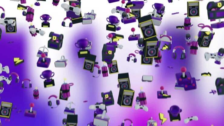 Animation of gaming icons and shapes over white background