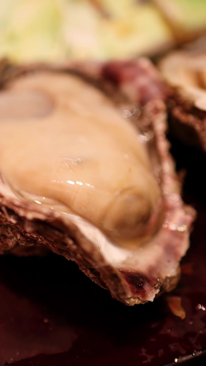 Close-up shot of fresh raw oysters on the half shell displayed at a Japanese market