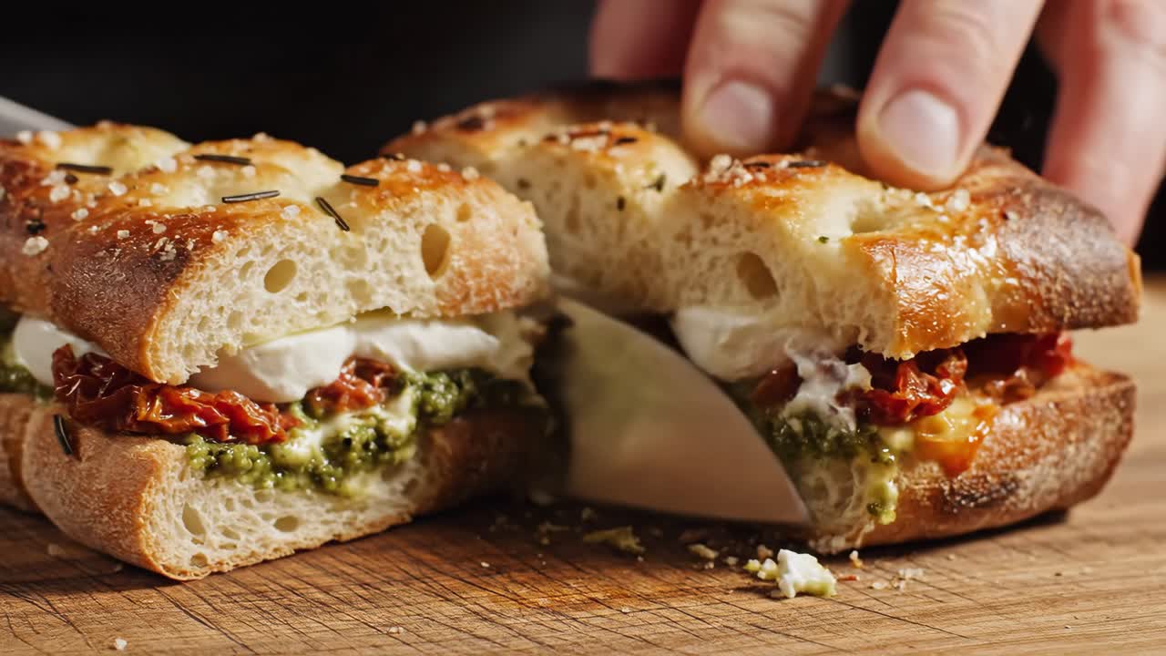 Focaccia Sandwich with Pesto, Mozzarella, and Sun-Dried Tomatoes
