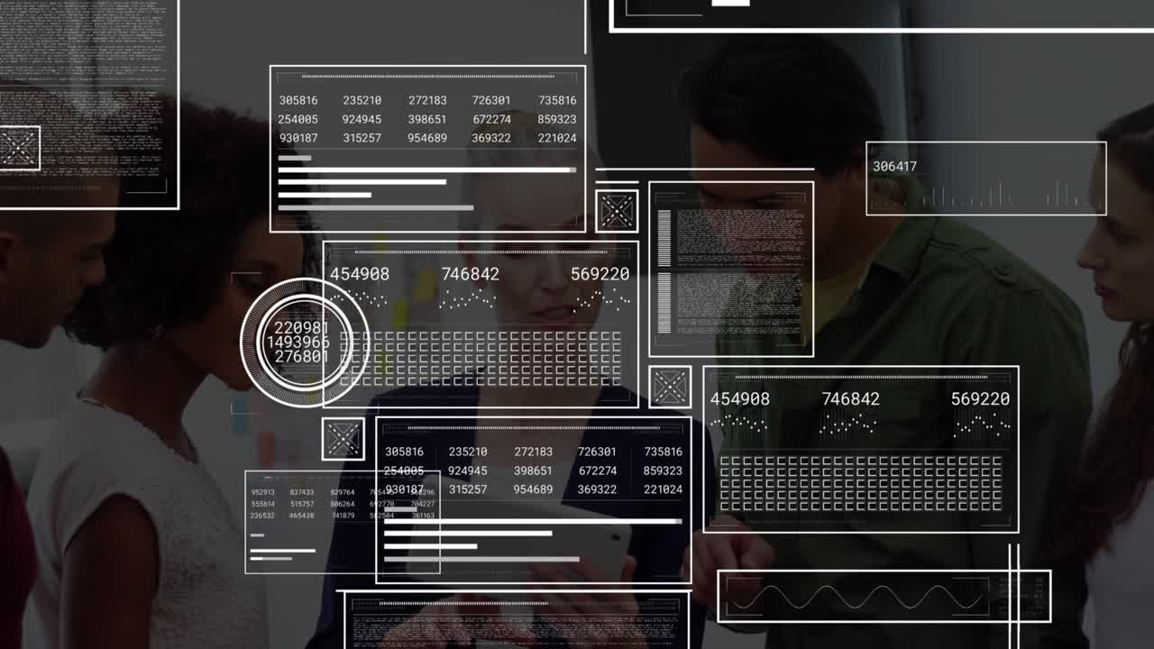 Central woman manipulating tablet, animating tech HUD overlays and guiding team through charts