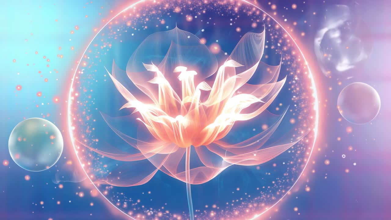 A mesmerizing digital art video of a glowing flower in a cosmic sphere