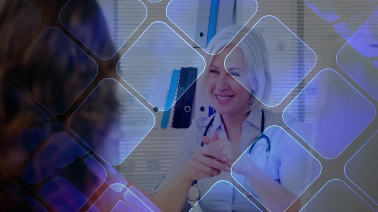 Médico explicando el diagnóstico al paciente en la clínica con una superposición de red digital expandiéndose por la pantalla.