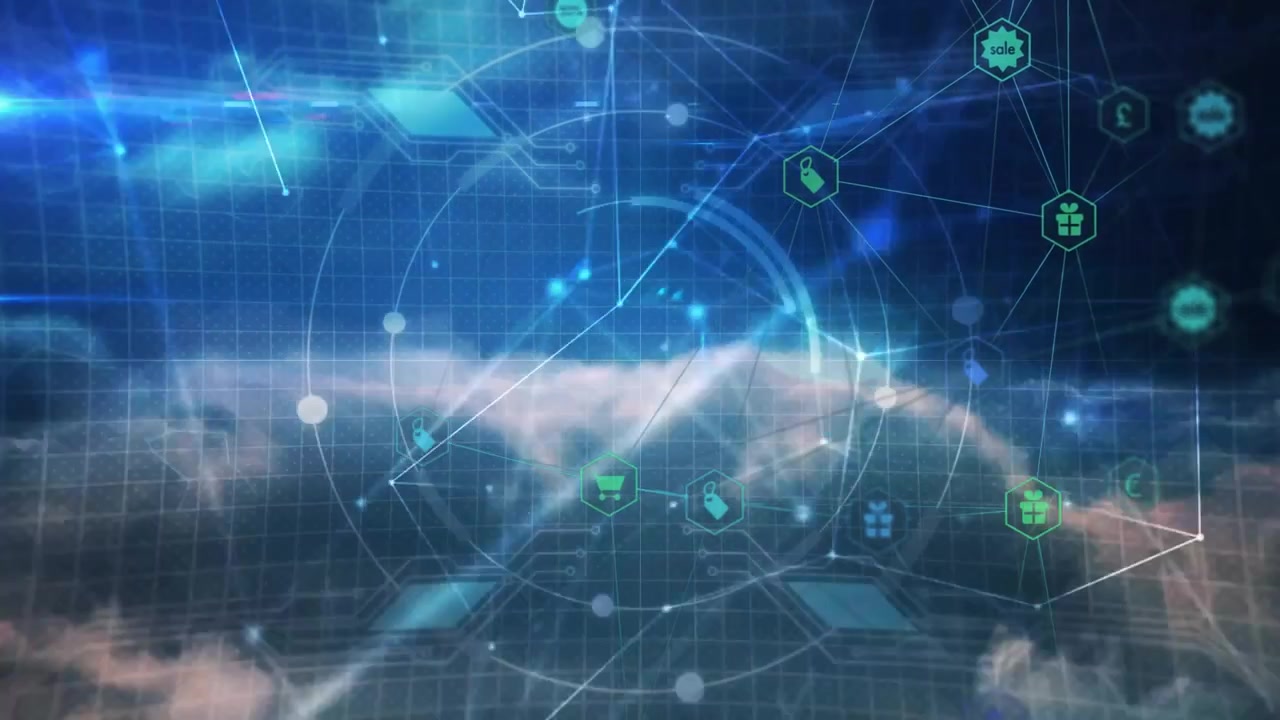 デジタルネットワークが具現化し、HUDがノードを接続し、アイコンがクラスター化してEコマースの流れを示している。