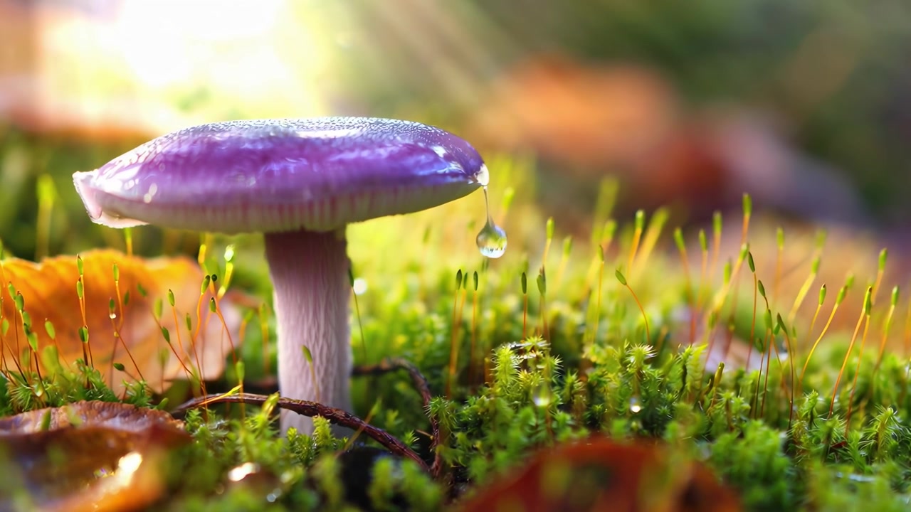 Purple Mushroom Growing in Mossy Forest Floor