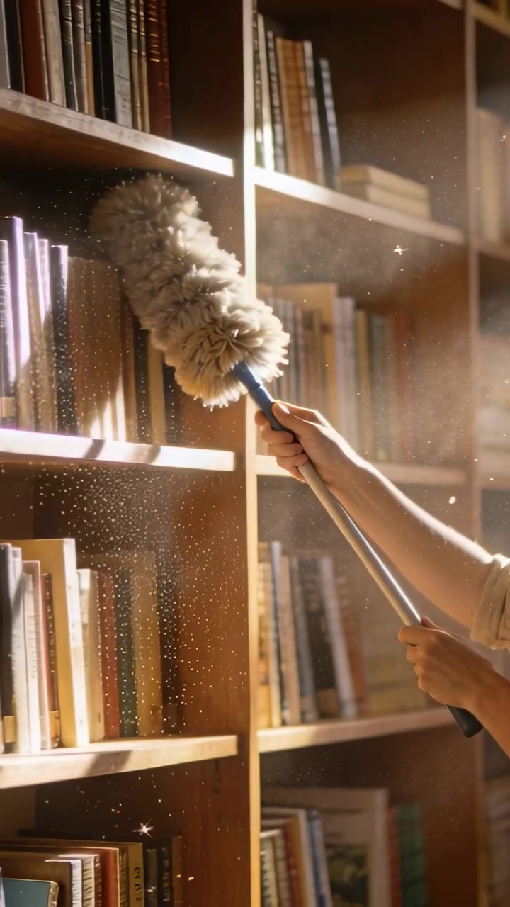 Video verticale: Una mano con maniche lunghe raggiunge gli scaffali superiori, spolverando libri con uno spolverino, mentre la polvere illuminata dal sole si solleva.