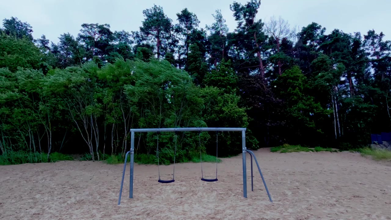 Ampia vista statica che cattura un'altalena solitaria sulle dune di sabbia della costa baltica con una fitta foresta di pini che ondeggia per una forte raffica costiera sotto un cielo serale coperto