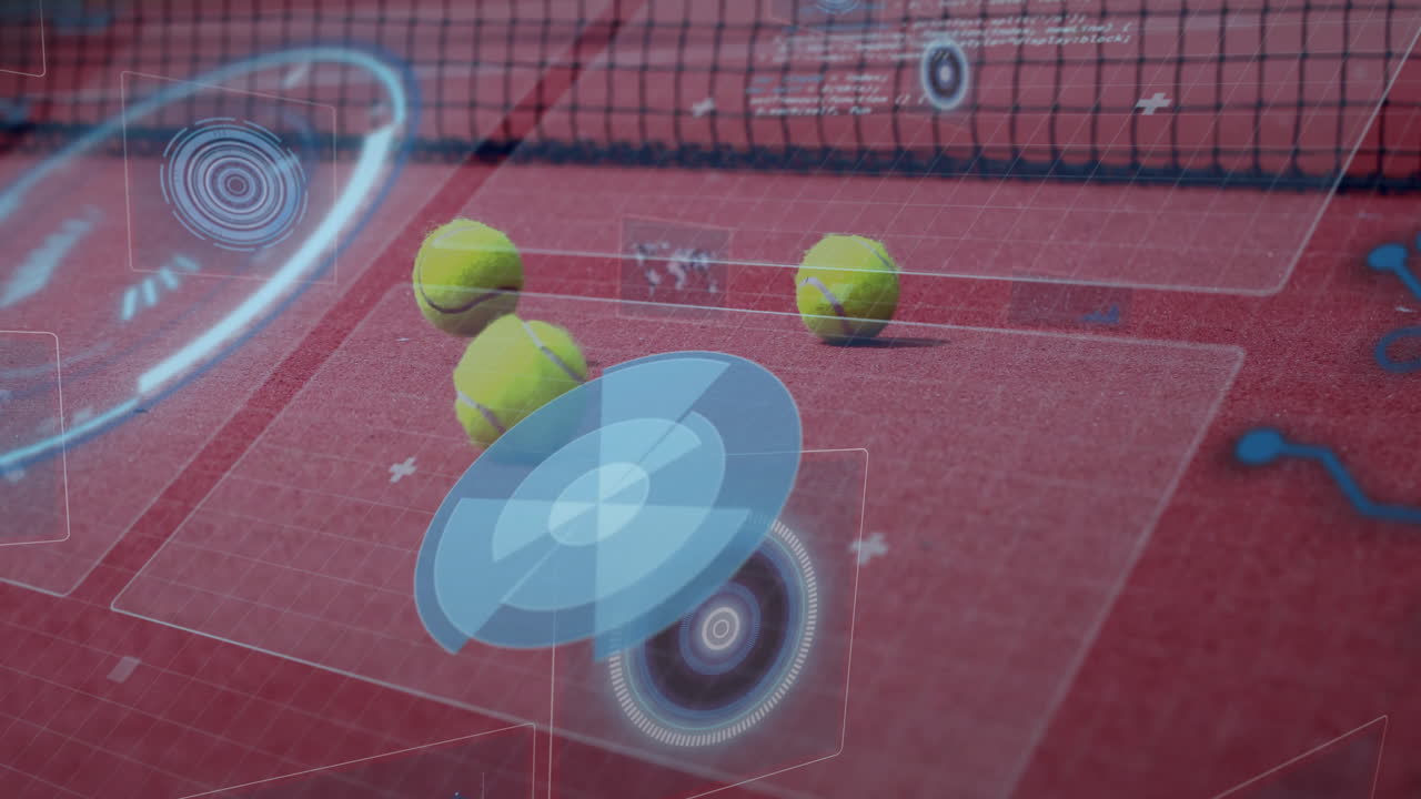 Tennis balls bouncing on court with digital data overlay animation