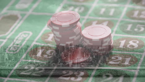 animation of casino playing cards and chips over cityscape