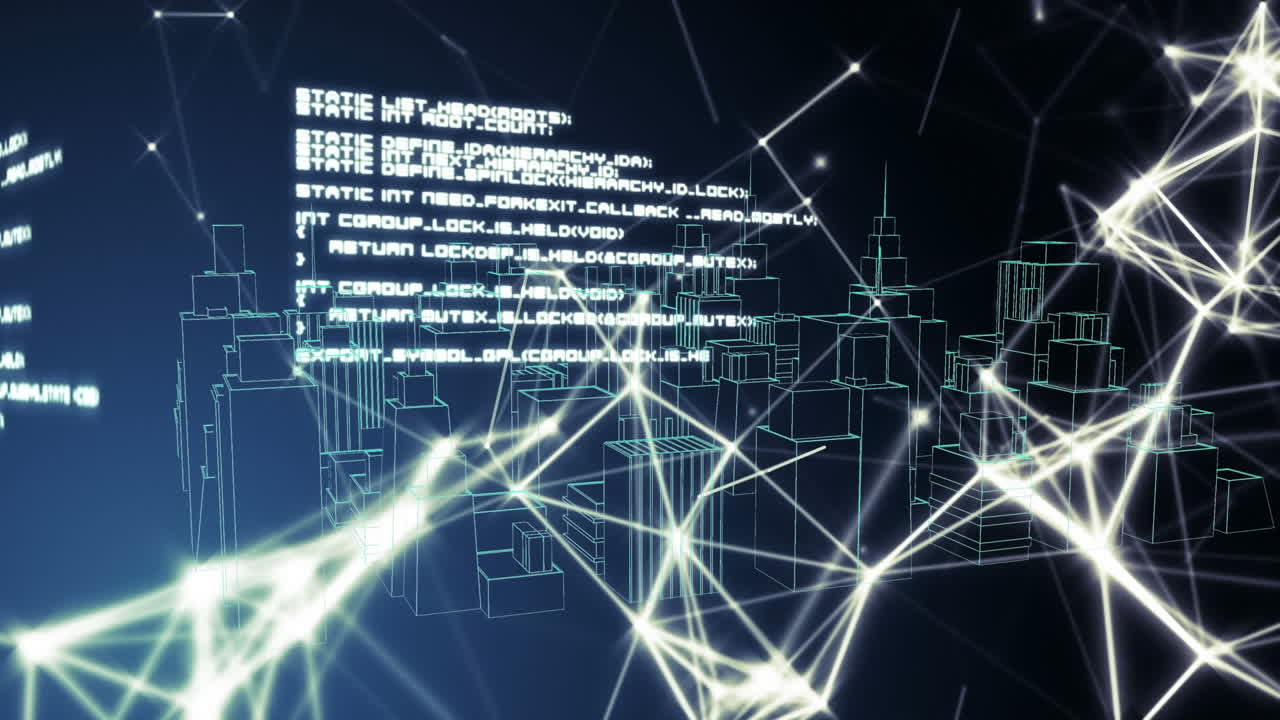 анимация обработки данных и сети соединений над 3d-рисунком городского пейзажа