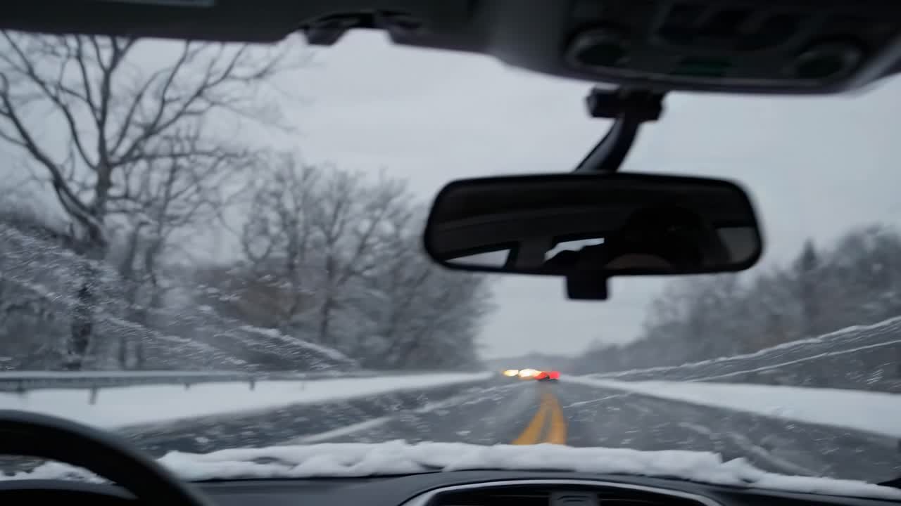 POV video style from inside a car driving on a snowy road, with a focus on the windshield