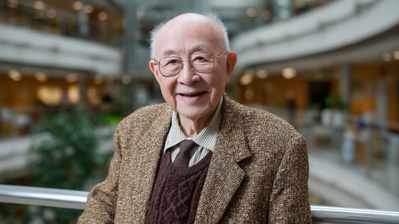 A Warm Smile and Wisdom: A Profound Portrait of a Distinguished Elder in a Modern Atrium, Celebrating Life's Journey and Generational Knowledge